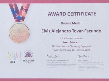 ELVIS ALEJANDRO, MEDALLA DE BRONCE EN OLIMPIADA INTERNACIONAL DE QUÍMICA